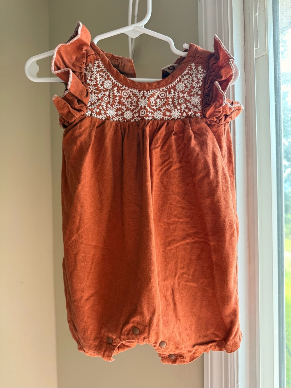 3 for $25 Rust Orange Embroidered Ruffle Baby One-Piece